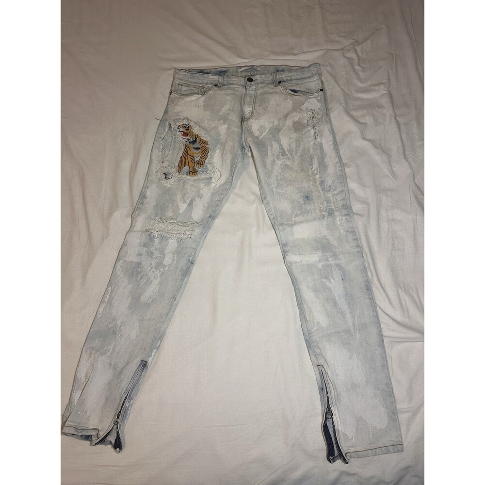 Golden Tiger Embroidered Distressed Skinny Jeans Mens Size 38